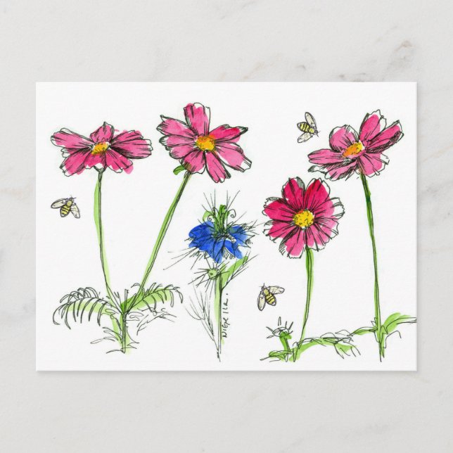 Cartão Postal Abelhas Aquarela Flores Rosa Cosmos (Frente)