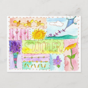 Cartão Postal Abelhas de Mel Kite Watercolor Flores Feliz Verão