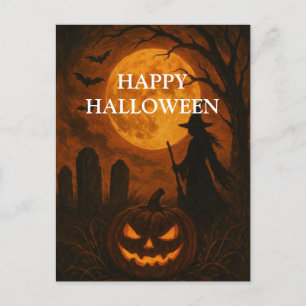 Cartão Postal Abóbora Assustadora de Halloween Bruxa Noite Assus