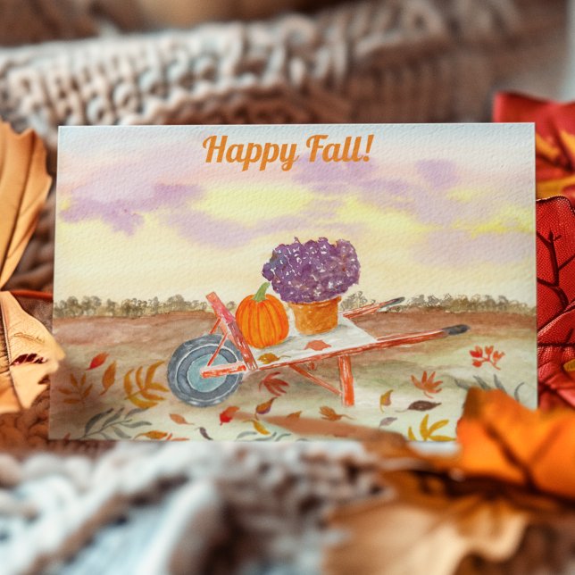 Cartão Postal Abóbora de Aquarela do Outono Feliz, Mums, Carrinh (Criador carregado)