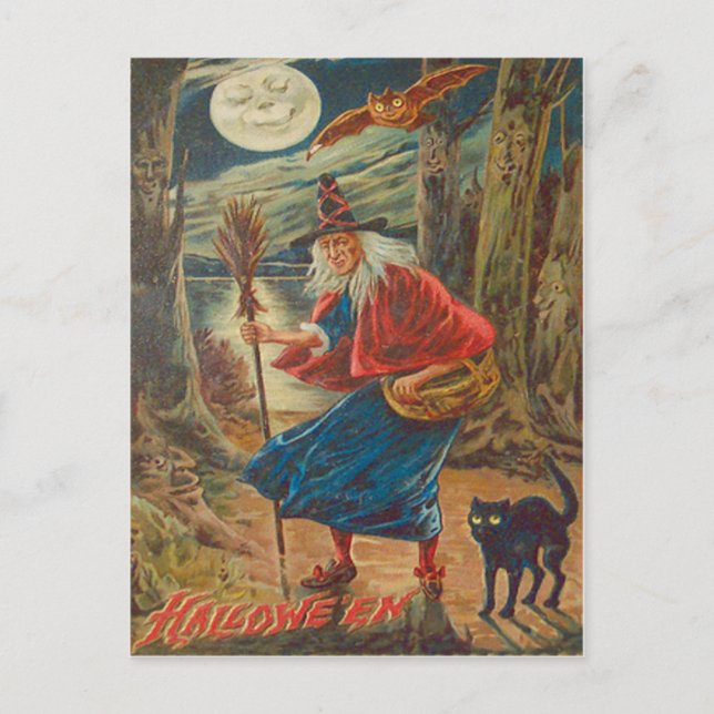 Cartão Postal Abóbora de Halloween Bruxa Gato Preto Morcego Lua (Frente)