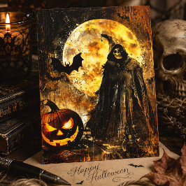 Cartão Postal Abóbora de Halloween Ceifador Vintage