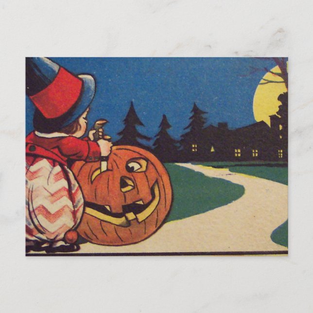 Cartão Postal Abóbora de Halloween com Lua Cheia e Bruxas (Frente)