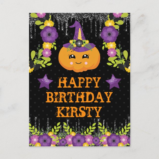Cartão Postal Abóbora de Halloween Fofa Floral Feliz Aniversário (Frente)