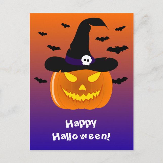 Cartão Postal Abóbora de Halloween Jack o' Lantern Chapéu de Bru (Frente)