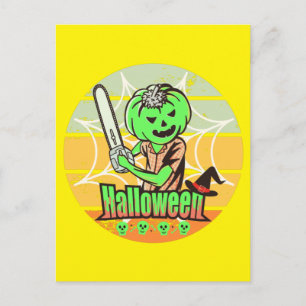 CARTÃO POSTAL ABÓBORA DE HALLOWEEN VINTAGE COM MOTOSERRA E CRÂNI