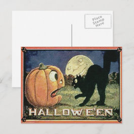 Cartão Postal Abóbora de Halloween Vintage & Gato em Mosaico