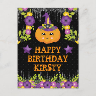 Cartão Postal Abóbora Floral de Halloween Fofo Aniversário Feliz