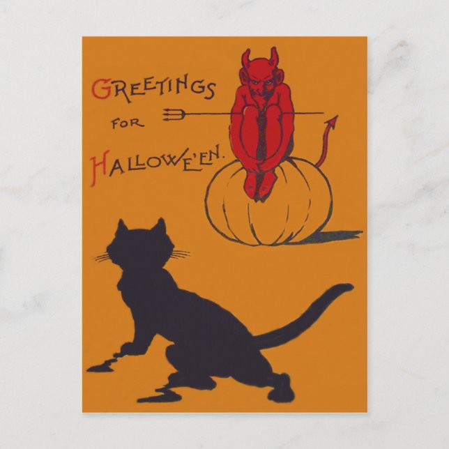 Cartão Postal Abobora Gato Preto Diabo Demônio Forcado (Frente)