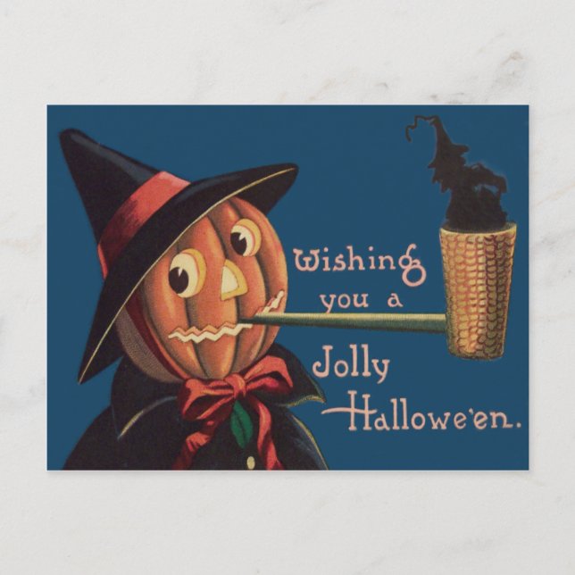 Cartão Postal Abóbora Jack O' Lantern Cachimbo de Bruxa (Frente)