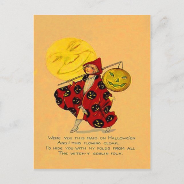 Cartão Postal Abóbora Jack O Lantern Homem Menina Lua (Frente)
