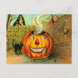Cartão Postal Abóbora Jack O Lantern Teia de aranha gato preto