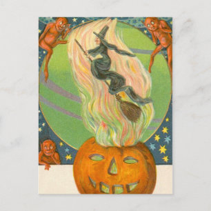 Cartão Postal Abóbora Jack O'Lantern Bruxa Demônio do Fogo