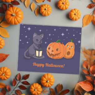 Cartão Postal Abóbora Lanterna de Gato Preto no Halloween Roxo