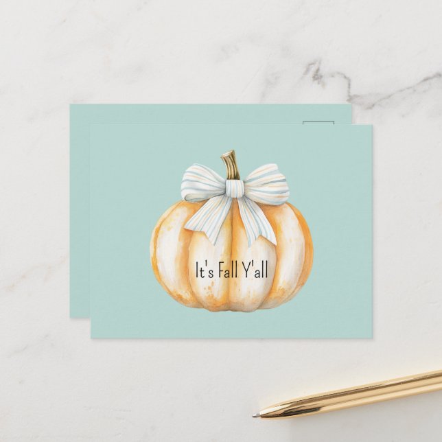 Cartão Postal Abóbora Laranja Creme Laço Azul (Frente/Verso In Situ)