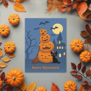 Cartão Postal Abóboras de Halloween e Gato Negro