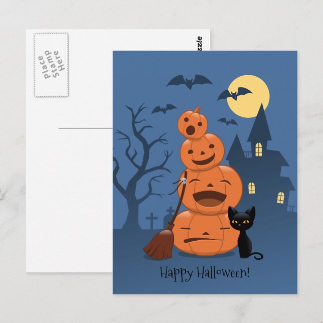 Cartão Postal Abóboras de Halloween e Gato Negro (Frente/Verso)
