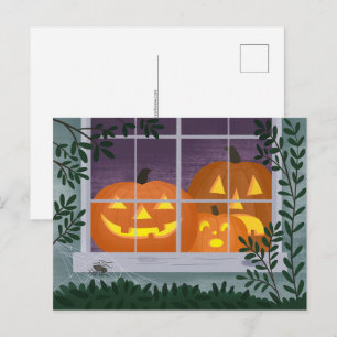 Cartão Postal Abóboras de Halloween na Janela
