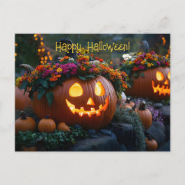 Cartão Postal Abóboras de Halloween talhadas com flores
