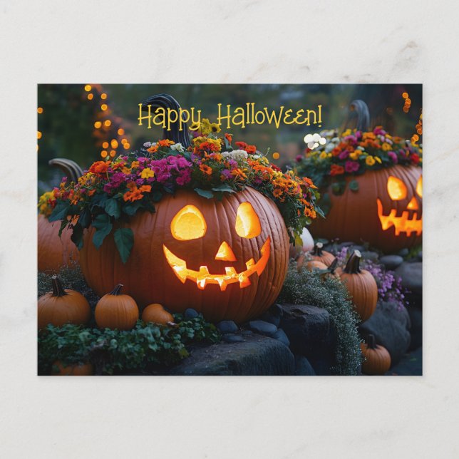 Cartão Postal Abóboras de Halloween talhadas com flores (Frente)