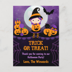 Cartão Postal Abóboras de Menina Bruxa, Festa de Halloween, Obri