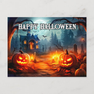 Cartão Postal Abóboras do Cemitério Reluzente Feliz Halloween