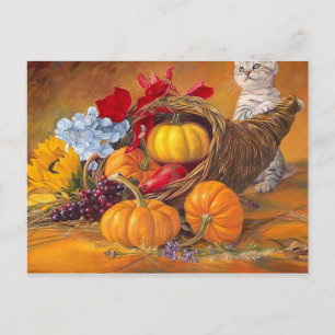 Cartão Postal Abóboras do Dia de Ação de Graças feliz com gato