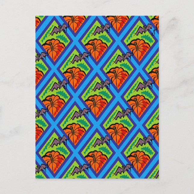 Cartão Postal Abóboras e Morcegos em Padrões de Verde/Azul (Frente)