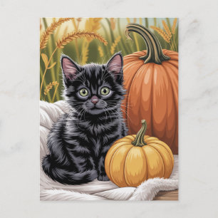 Cartão Postal Abóboras modernas da moda de Halloween e gato pret