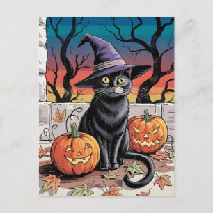 Cartão Postal Abóboras modernas da moda de Halloween e gato pret