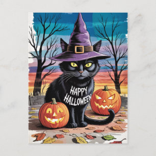 Cartão Postal Abóboras modernas da moda de Halloween e gato pret