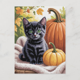 Cartão Postal Abóboras modernas da moda de Halloween e gato pret
