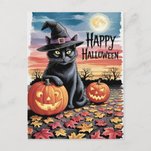 Cartão Postal Abóboras Modernas e Gato Preto de Halloween
