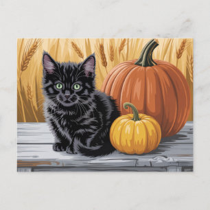 Cartão Postal Abóboras Modernas e Gato Preto de Halloween