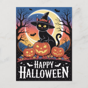 Cartão Postal Abóboras Modernas e Gato Preto de Halloween