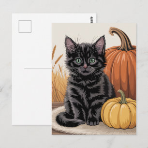 Cartão Postal Abóboras modernas e gato preto no Halloween