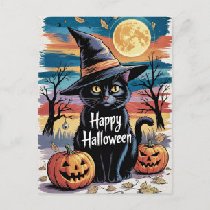 Cartão Postal Abóboras modernas e gato preto no Halloween