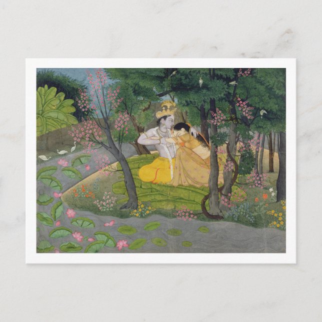 Cartão Postal Abraço de Radha e de Krishna em um bosque da (Frente)
