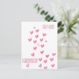 Cartão Postal ABRAÇOS & BEIJOS - Corações cor-de-rosa em aquarel