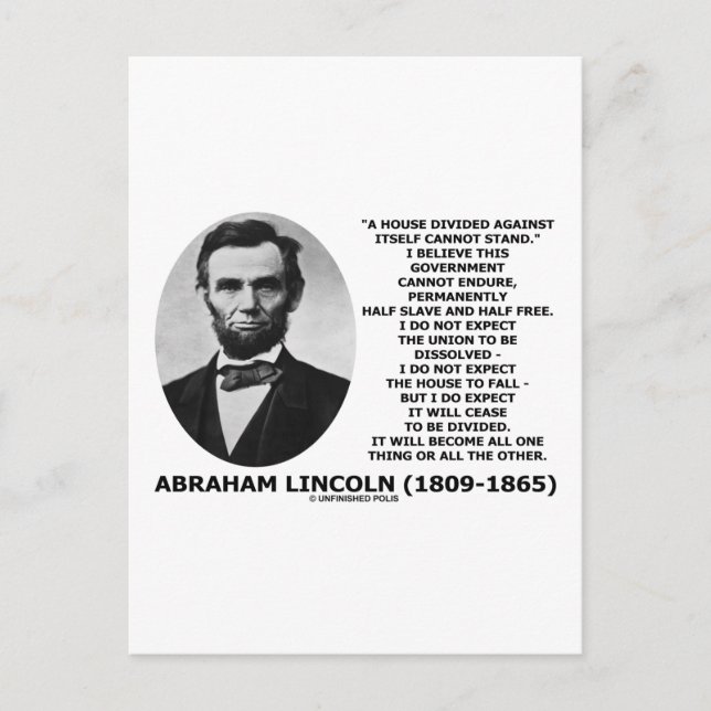 Cartão Postal Abraham Lincoln House Divided Não Pode Ser Citada (Frente)