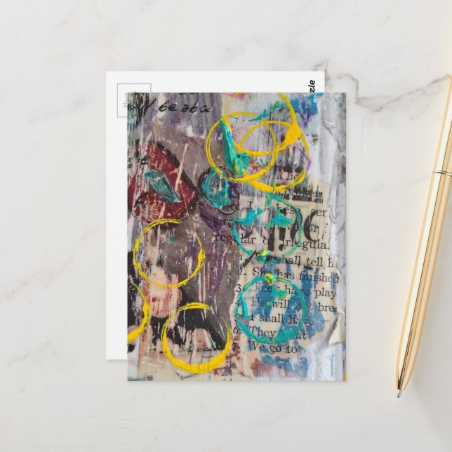 Cartão Postal abstract collage blue yellow circles (Frente/Verso In Situ)