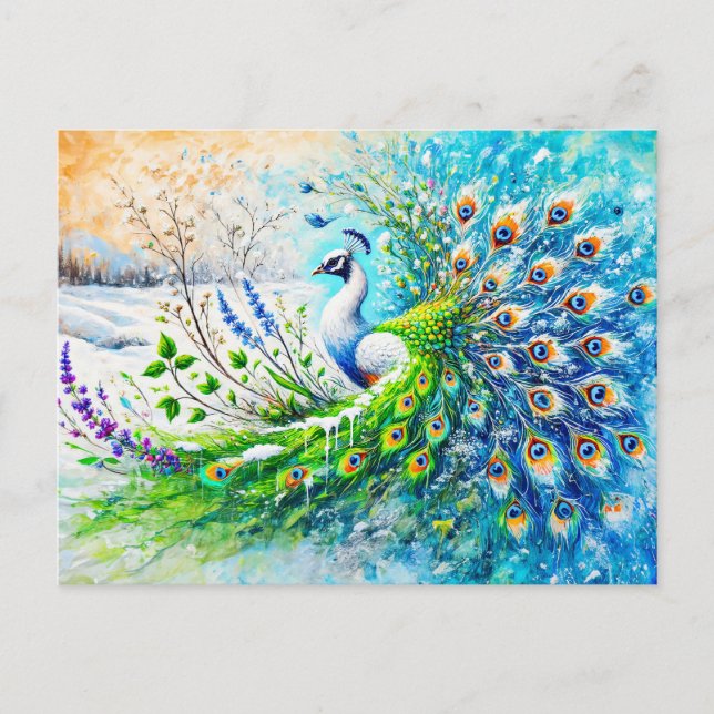 Cartão Postal Abstract Peacock in Spring with Snow and Flower (Frente)