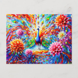 Cartão Postal Abstract Peacock with Colorful Dahlias Autumn