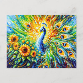 Cartão Postal Abstract Peacock with Sunflowers in Painting