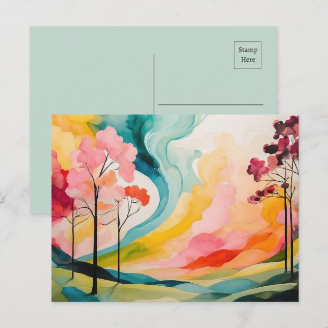 Cartão Postal Abstrato de Aquarela da Primavera Vibrante (Frente/Verso)