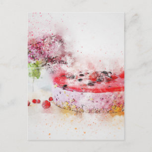 Cartão Postal Abstrato de Aquarela de Fruta de Bolo de Aniversár