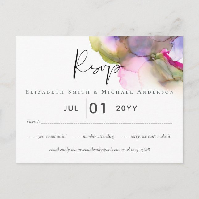 Cartão Postal Abstrato de Orçamento Casamento Roxo-Arco-Íris (Frente)