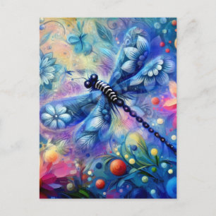 Cartão Postal Abstrato Dragonfly Floral Teal Azul Cor-de-rosa