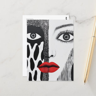 Cartão Postal Abstrato Face Preto Vermelho Branco