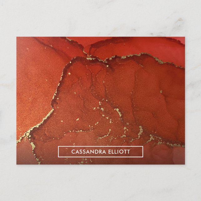 Cartão Postal Abstrato Red & Dourado Tinta Álcool Arte Líquida (Frente)